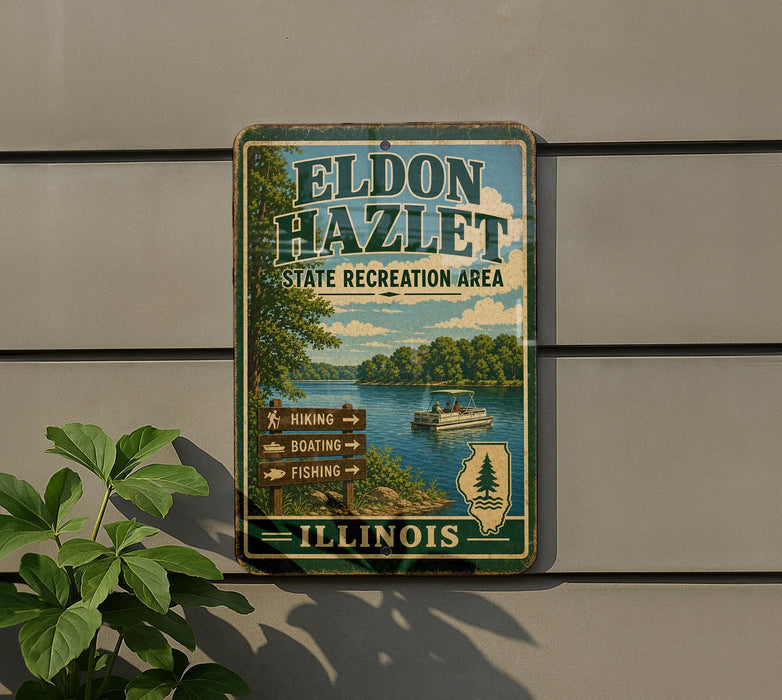 A vintage metal sign for Eldon Hazzet State Recreation Area in Illinois, featuring a scenic image of a lake and boats.