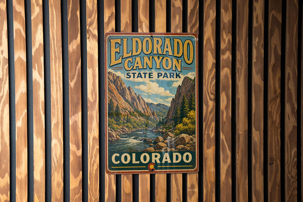 A vintage-style metal sign for Eldorado Canyon State Park in Colorado, featuring a scenic mountain landscape with a river and forest.