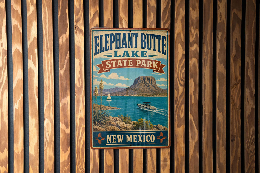 A vintage-style metal sign for Elephant Butte Lake State Park in New Mexico, featuring a scenic illustration of a mountain, lake, and boat.
