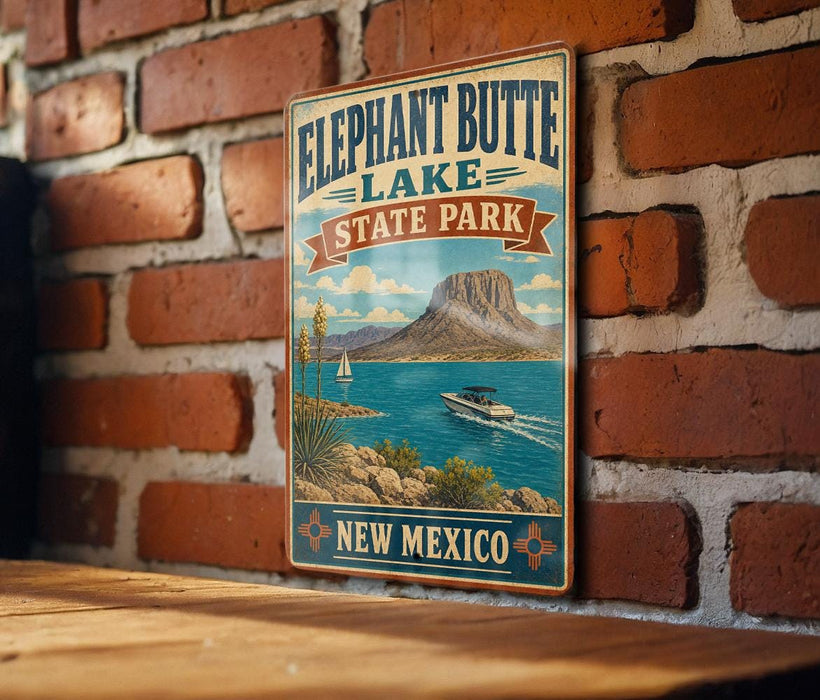 A vintage-style metal sign for Elephant Butte Lake State Park in New Mexico, featuring a scenic illustration of a lake, mountains, and a boat.