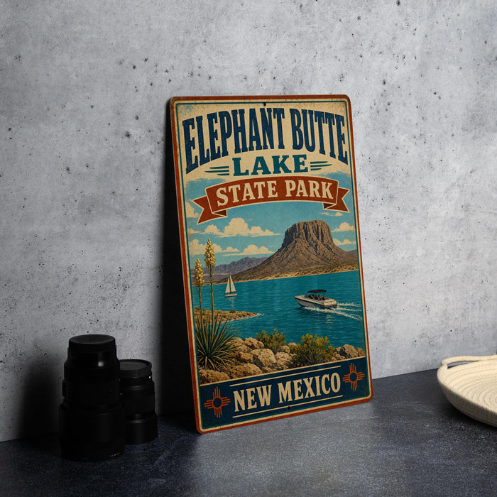 A vintage-style metal sign for Elephant Butte Lake State Park in New Mexico, featuring a scenic illustration of a lake, mountains, and boats.