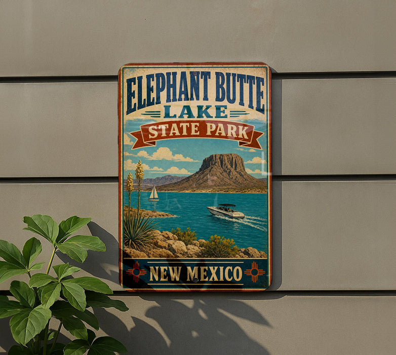 A vintage-style metal sign for Elephant Butte Lake State Park in New Mexico, featuring a scenic landscape with a mountain, lake, and boats.