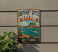 A vintage-style metal sign for Elephant Butte Lake State Park in New Mexico, featuring a scenic landscape with a mountain, lake, and boats.