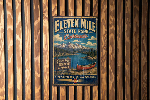 A vintage-style metal sign for Eleven Mile State Park, Colorado, featuring a scenic landscape with mountains, a lake, and a canoe.