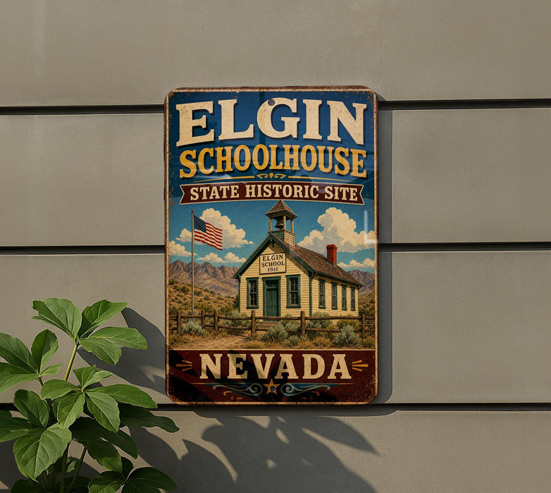 A vintage-style metal sign for Elgin Schoolhouse, a historic site in Nevada, featuring an illustration of a schoolhouse and mountains in the background.