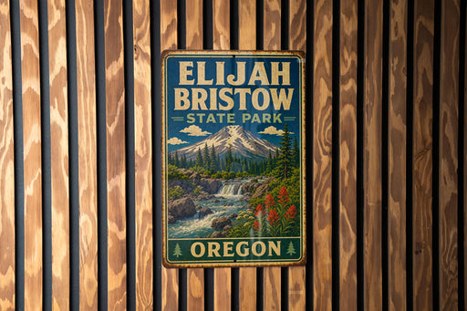 A vintage metal sign for Elijah Bristow State Park in Oregon, featuring a mountain landscape with a waterfall and pine trees.