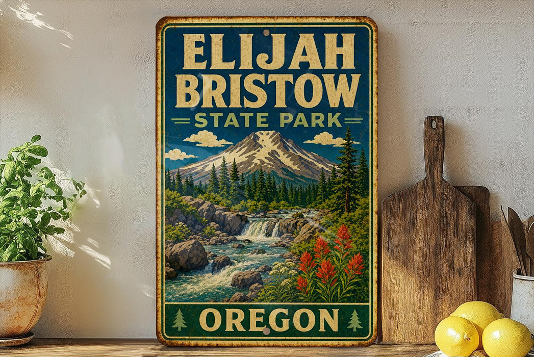 A vintage-style metal sign for Elijah Bristow State Park in Oregon, featuring a mountain landscape with a waterfall and pine trees.