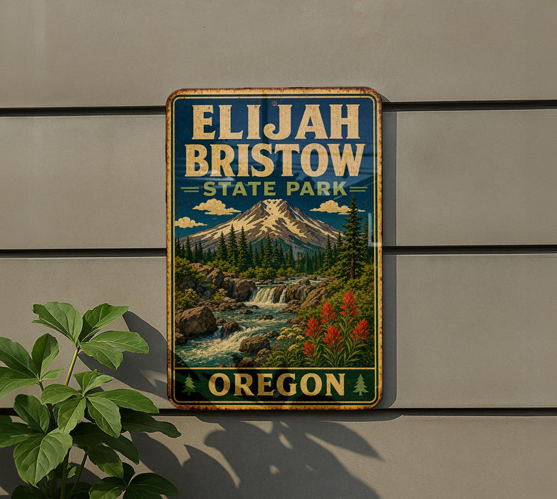 A vintage-style metal sign for Elijah Bristow State Park in Oregon, featuring a mountain landscape with a waterfall and pine trees.