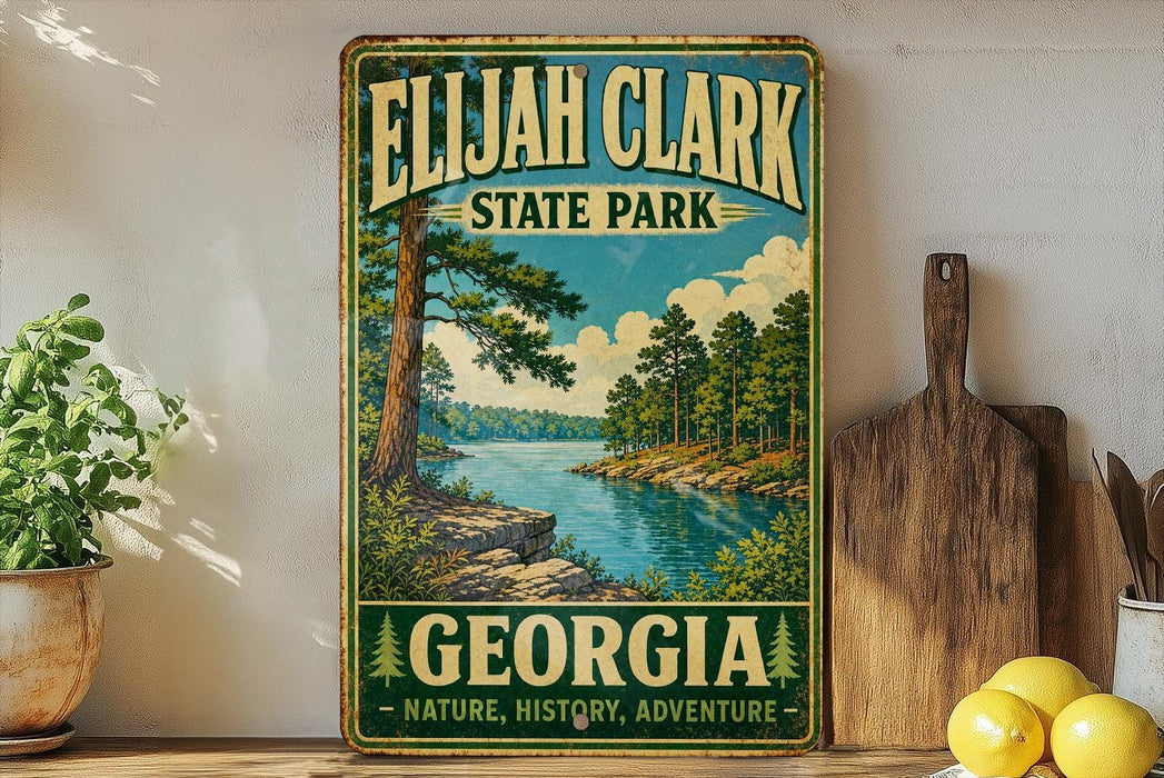 A vintage-style sign for Elijah Clark State Park in Georgia, featuring a scenic landscape with a river and pine trees.