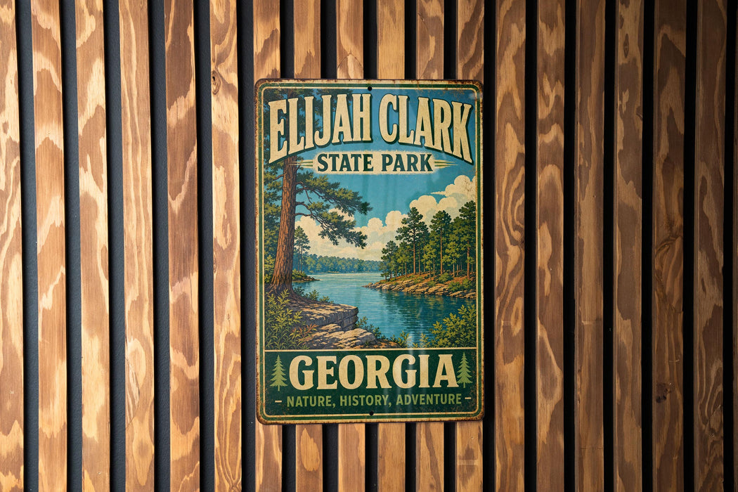 A vintage metal sign for Eljah Clark State Park in Georgia, featuring a scenic landscape with a river and pine trees.