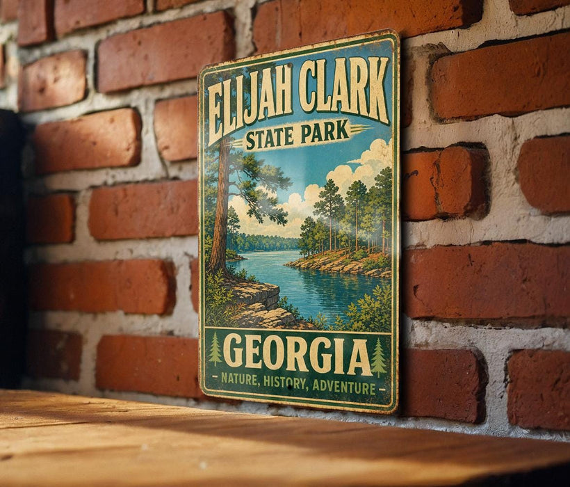 A vintage metal sign for Eljah Clark State Park in Georgia, featuring a scenic landscape with a river and trees.