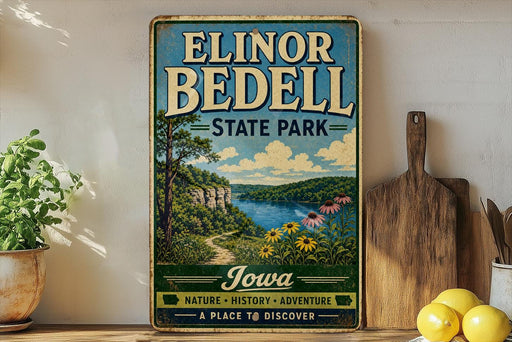 A vintage-style sign for Elinor Bedell State Park in Iowa, featuring a scenic landscape with a lake, mountains, and flowers.