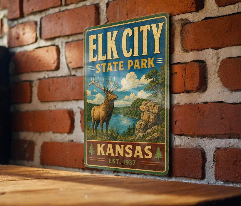 A vintage-style sign for Elk City State Park in Kansas, featuring an illustration of a deer in a scenic landscape.