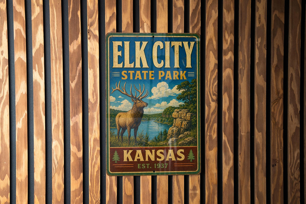 A metal sign for Elk City State Park in Kansas, featuring an illustration of a deer in a natural setting.