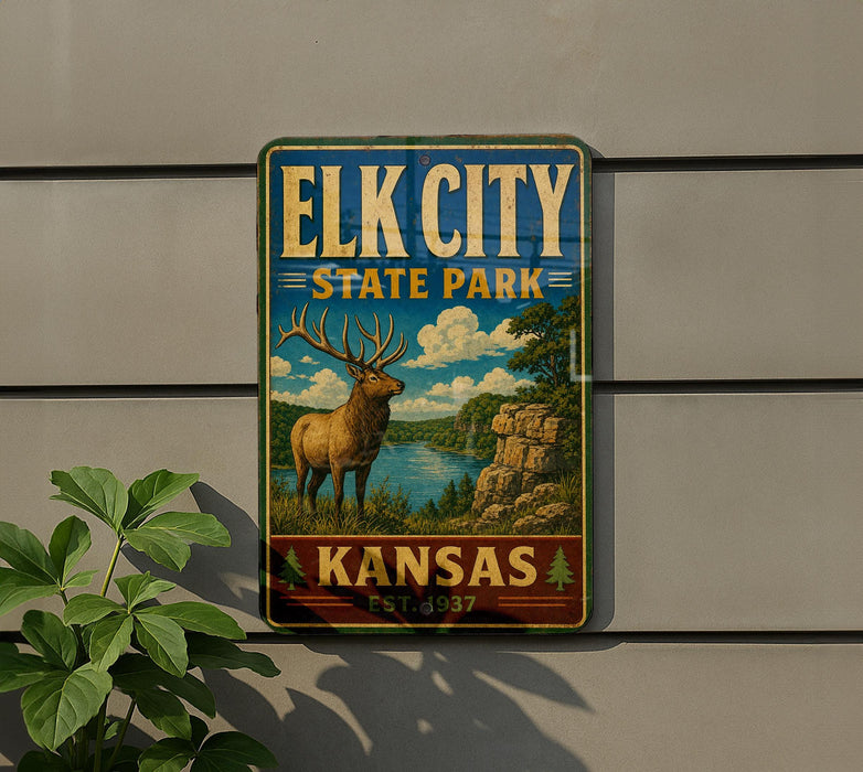 A vintage-style sign for Elk City State Park in Kansas, featuring an illustration of a deer in a grassy field with a river in the background.