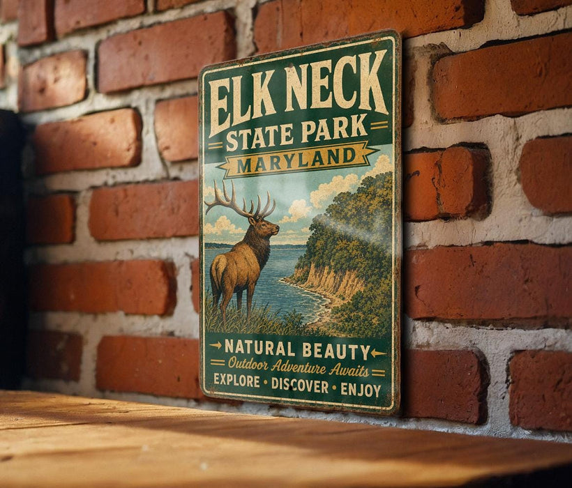 A vintage-style metal sign for Elk Neck State Park, Maryland, featuring an illustration of a deer in a grassy landscape with a body of water in the background.