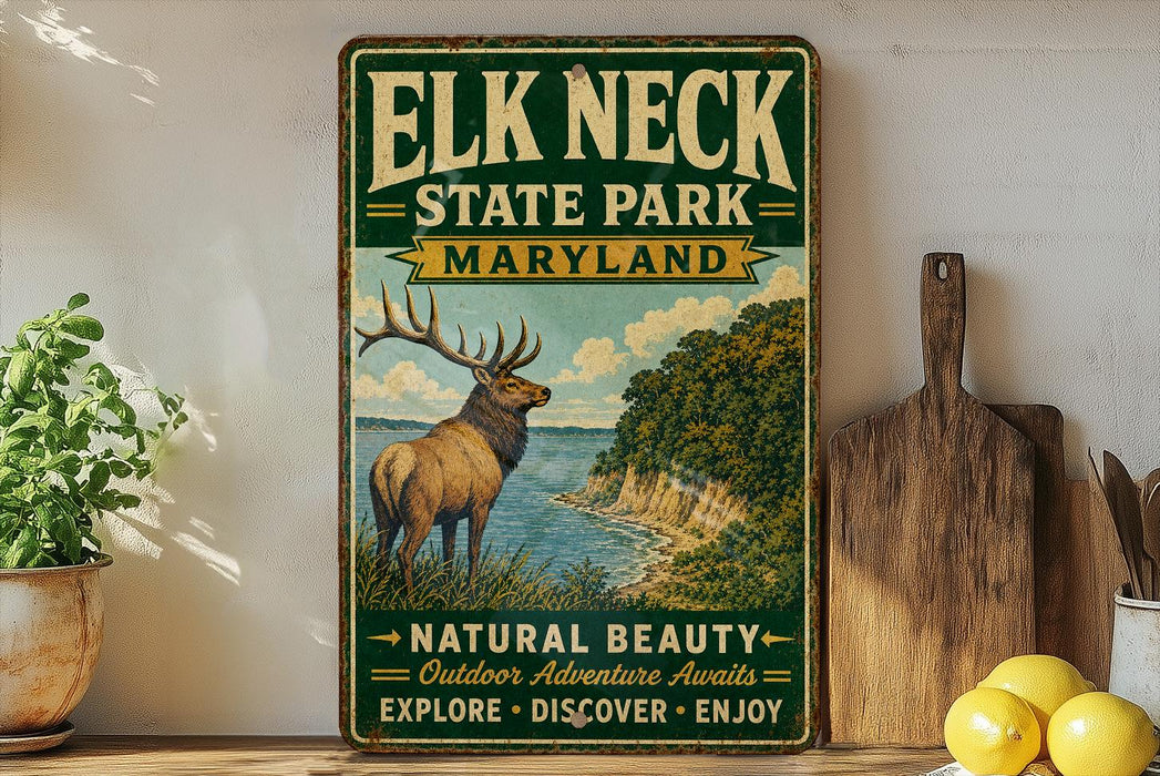 A vintage-style sign for Elk Neck State Park, Maryland, featuring an illustration of a deer in a natural setting.