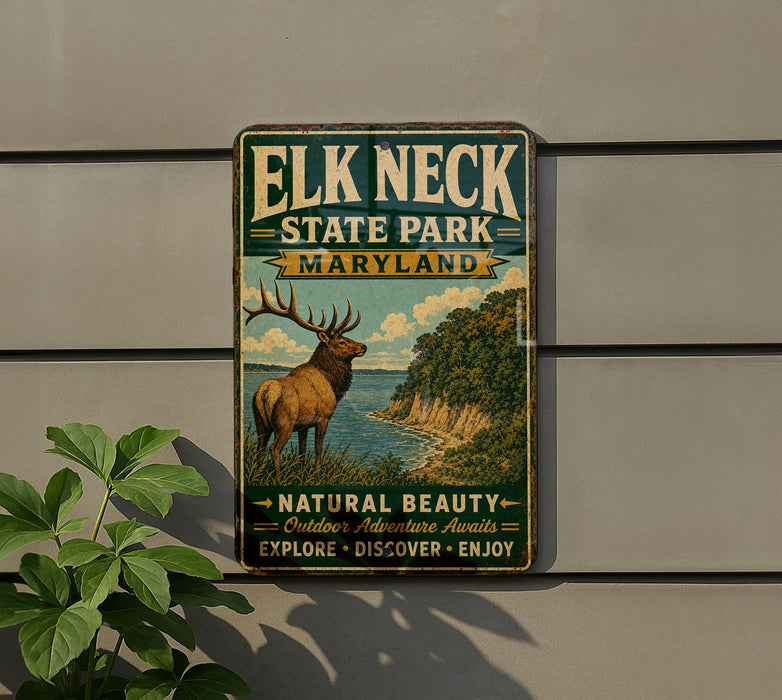 A vintage-style sign for Elk Neck State Park, Maryland, featuring an illustration of a deer in a natural setting.