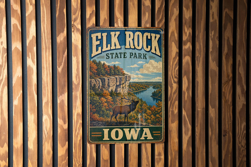 A vintage metal sign for Elk Rock State Park in Iowa, featuring a scenic landscape with a river, cliffs, and wildlife.