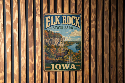 A vintage metal sign for Elk Rock State Park in Iowa, featuring a scenic landscape with a river, cliffs, and wildlife.