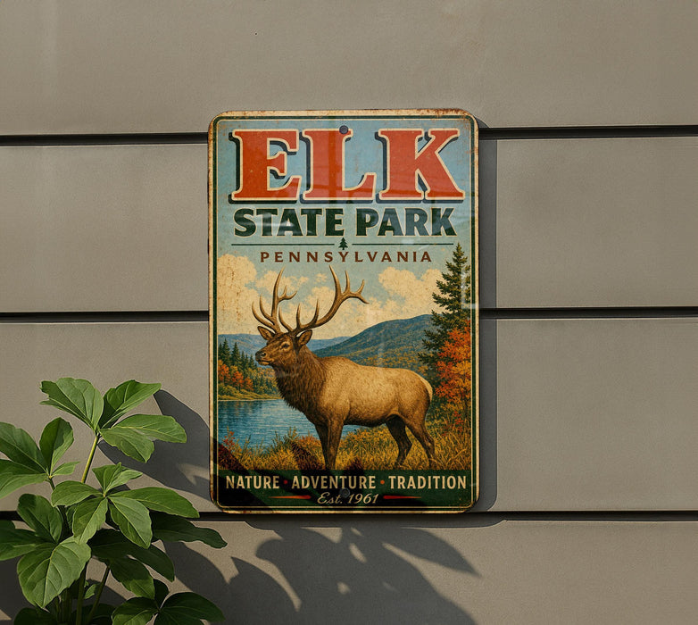 A vintage metal sign for Elk State Park in Pennsylvania, featuring an illustration of a deer with antlers and a scenic landscape.