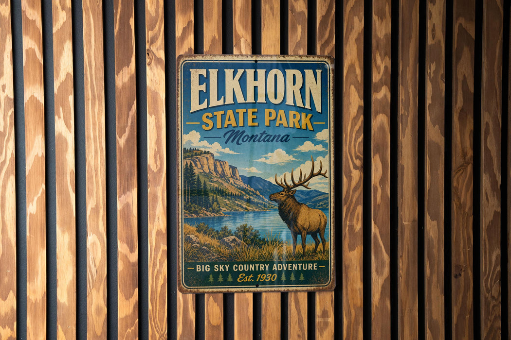 A vintage metal sign for Elkhorn State Park in Montana, featuring a scenic landscape with a large elk in the foreground.