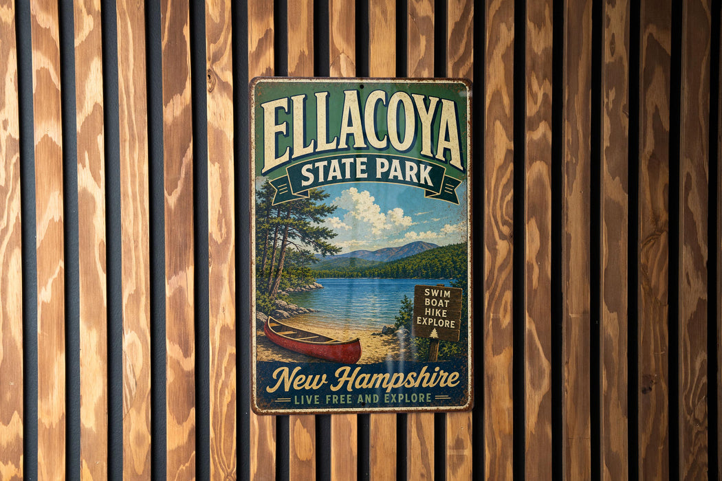 A vintage metal sign for Ellacoya State Park, featuring a scenic image of a lake and mountains, hangs on a wooden wall.