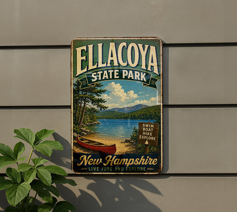 A vintage metal sign for Ellacoya State Park, featuring a scenic image of a lake, mountains, and a red canoe, is displayed on a wall.
