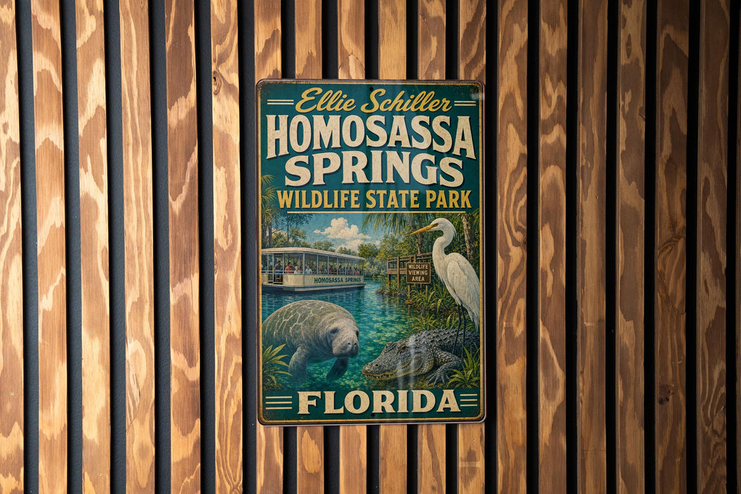 A metal sign for Homosassa Springs Wildlife Park in Florida, featuring a manatee and a white egret in a tropical setting.