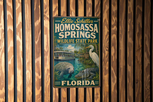 A metal sign for Homosassa Springs Wildlife Park in Florida, featuring a manatee and a white egret in a tropical setting.