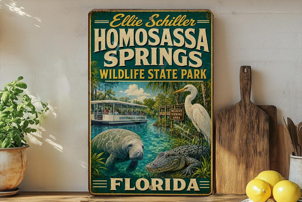 A vintage-style metal sign for Homosassa Springs Wildlife State Park in Florida, featuring illustrations of a manatee, alligator, and a tour boat on a river surrounded by palm trees.
