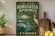 A vintage-style metal sign for Homosassa Springs Wildlife State Park in Florida, featuring illustrations of a manatee, alligator, and a tour boat on a river surrounded by palm trees.