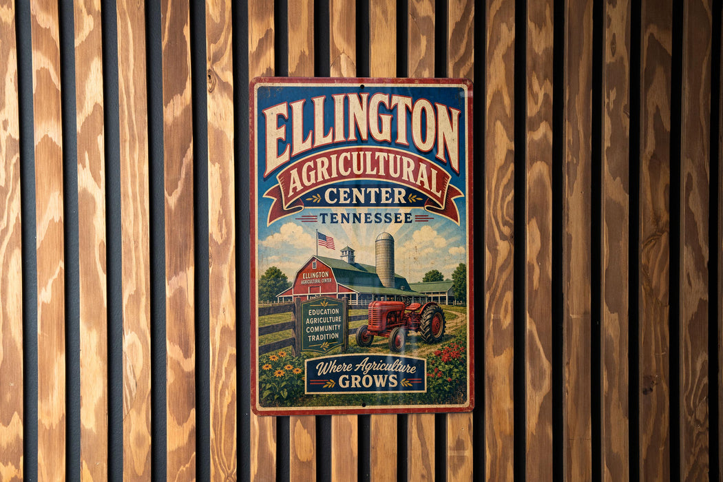 A vintage-style metal sign for the Ellington Agricultural Center in Tennessee, featuring a farm scene with a tractor and barn.