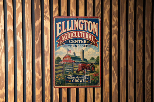 A vintage-style metal sign for the Ellington Agricultural Center in Tennessee, featuring a farm scene with a tractor and barn.