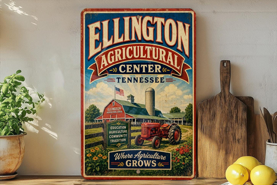 A vintage-style sign for the Ellington Agricultural Center in Tennessee, featuring a red tractor and a barn, is displayed on a shelf next to a wooden cutting board and some potted plants.