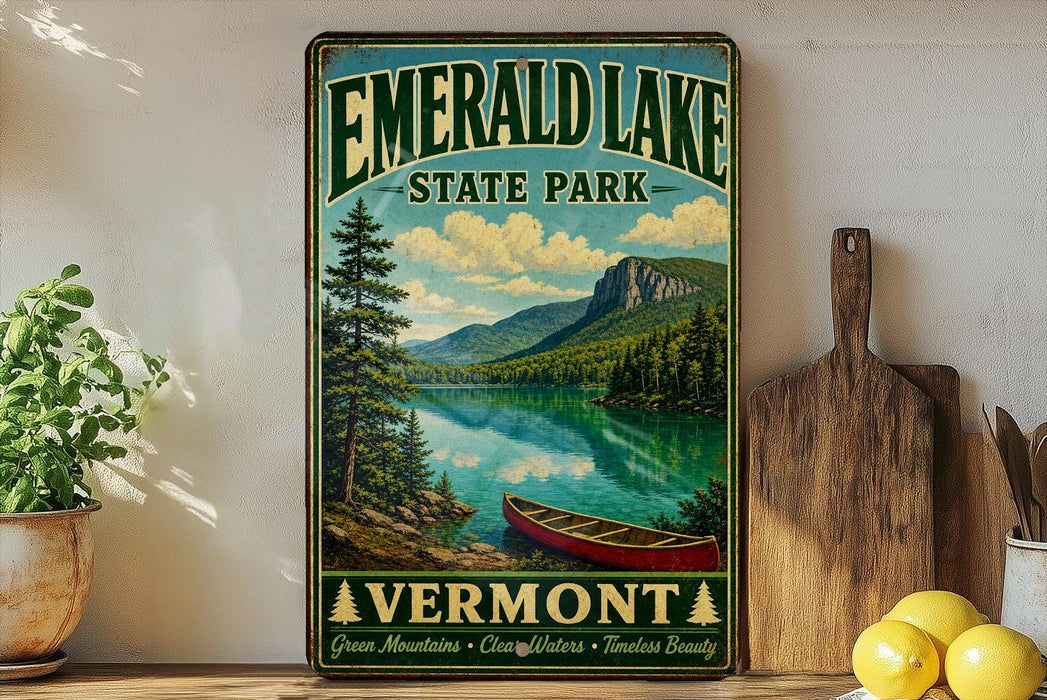 A vintage-style sign for Emerald Lake State Park in Vermont, featuring a scenic landscape with a lake, mountains, and a canoe.