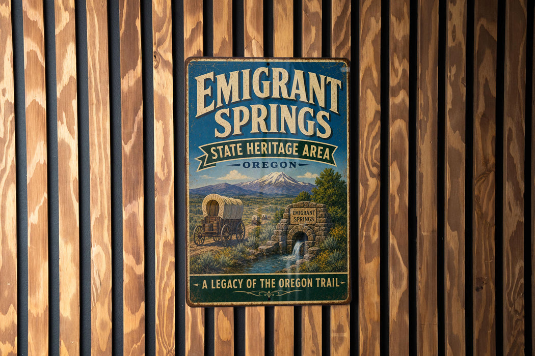 A vintage metal sign for Emigrant Springs, a state heritage area in Oregon, featuring a wagon train and a mountain backdrop.