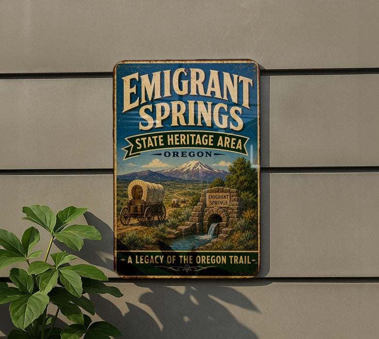 A vintage metal sign for Emigrant Springs, a state heritage area in Oregon, featuring a wagon train and a scenic landscape.