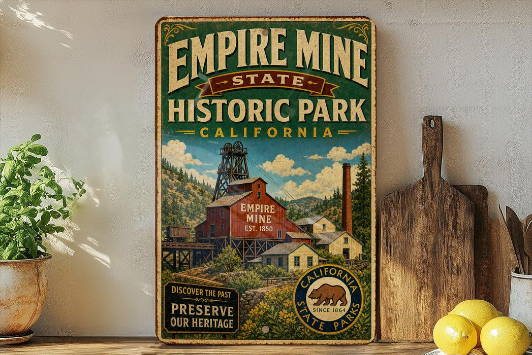 a vintage-style sign for Empire Mine State Historic Park, California, with a scenic illustration of the park's buildings and landscape.