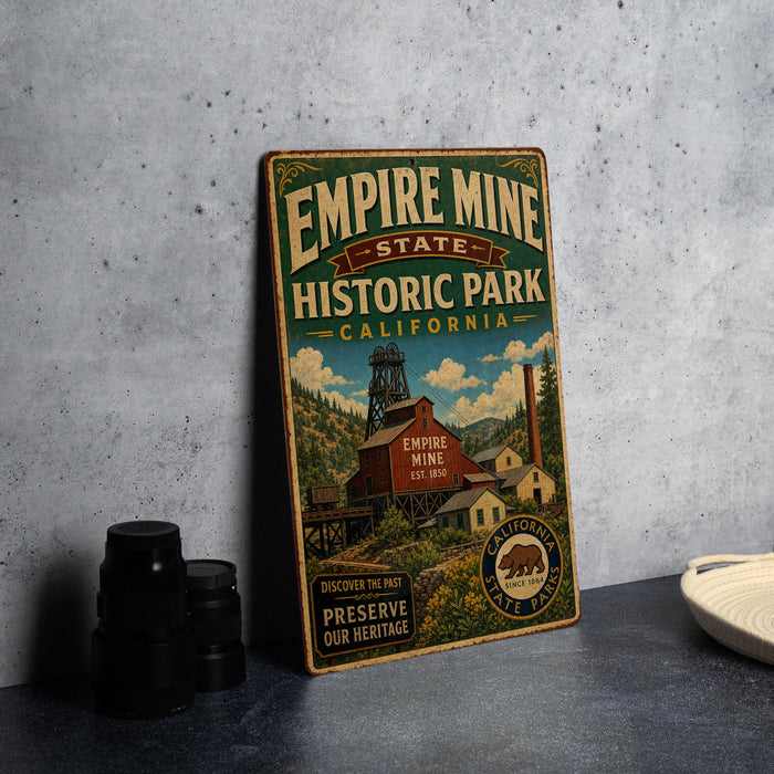 A vintage-style metal sign for Empire Mine Historic Park in California, featuring an illustration of the historic mine and surrounding landscape.