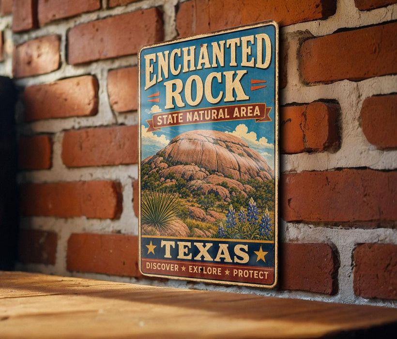 A vintage-style sign for the Enchanted Rock State Natural Area in Texas, featuring a mountain landscape with a desert and cactus in the background.
