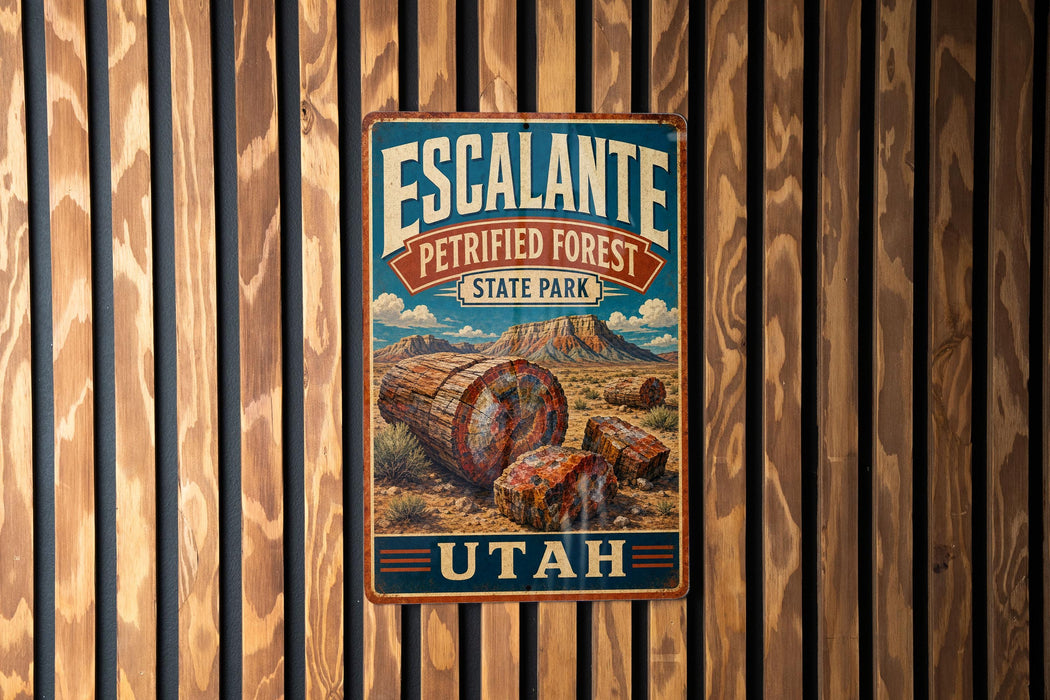 A vintage-style metal sign for Escalante Petrified Forest State Park in Utah, featuring a scenic illustration of petrified trees and mountains.