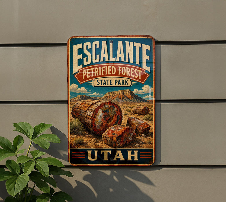 A vintage metal sign for Escalante Perfumed Forest State Park in Utah, featuring a scenic image of a forest with large logs and mountains in the background.