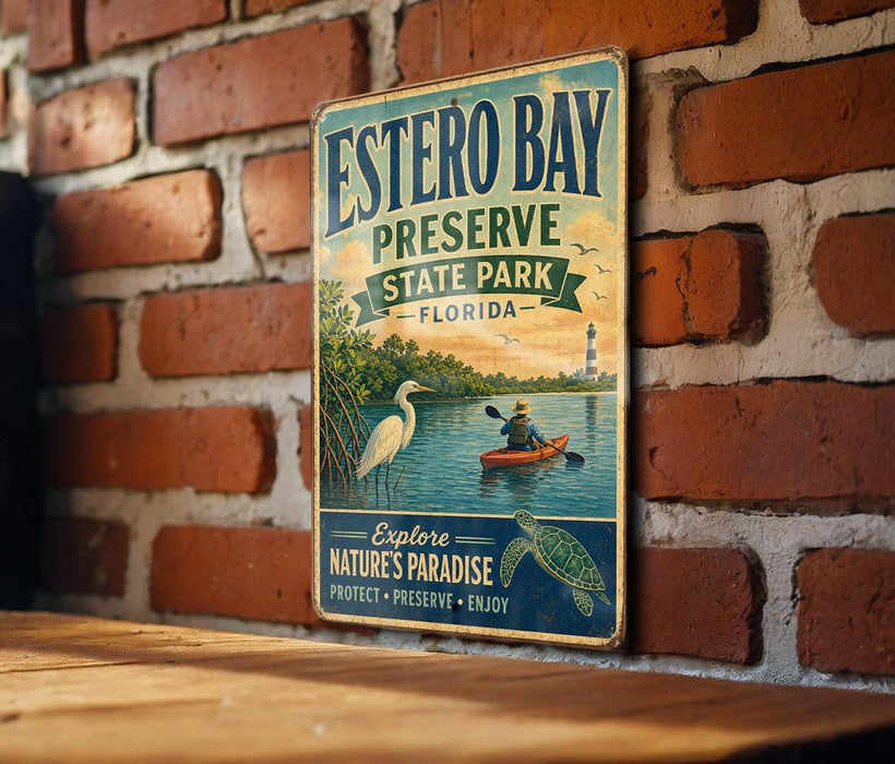 A vintage-style sign for Estero Bay Preserve, Florida, featuring a scenic illustration of a person kayaking in a river with a lighthouse in the background.