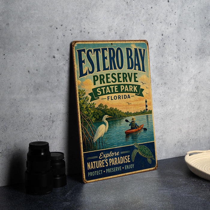 A vintage-style sign for Estero Bay Preserve State Park in Florida, featuring an illustration of a person kayaking and a bird, along with the text "Explore Nature's Paradise" and "Protect - Preserve - Enjoy".