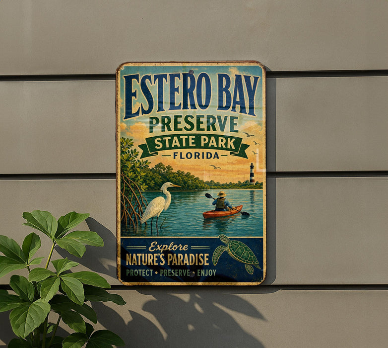 A vintage-style metal sign for Estero Bay Preserve State Park in Florida, featuring a scenic illustration of a person kayaking and a bird, along with the text "Explore Nature's Paradise" and "Protect - Preserve - Enjoy".