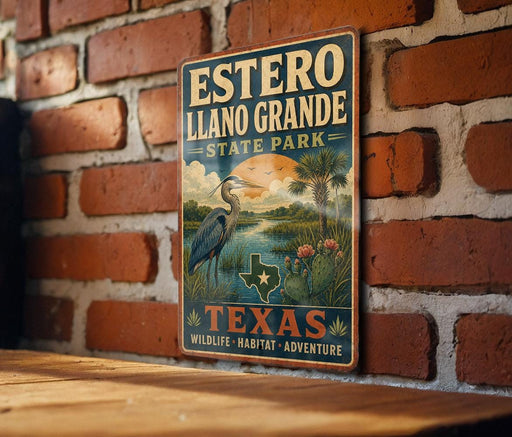 A vintage-style metal sign for Estero Llano Grande State Park in Texas, featuring a scenic illustration of a bird, palm trees, and a sunset landscape.