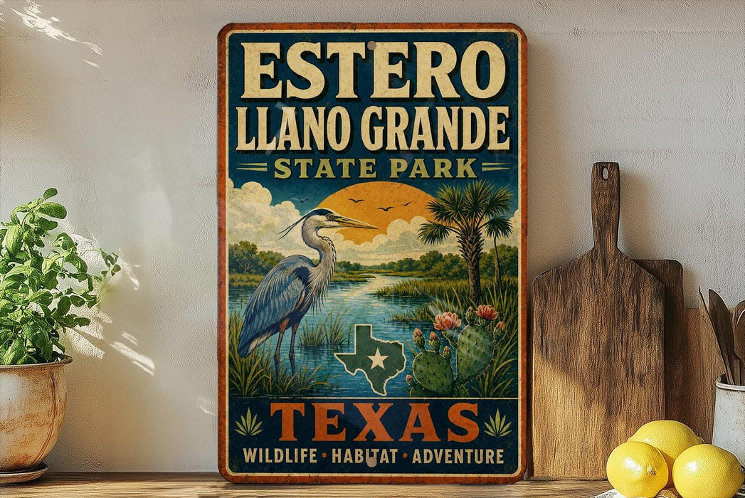 A vintage-style metal sign for Estero Llanos Grande State Park, featuring a blue heron, palm trees, and a sunset landscape.