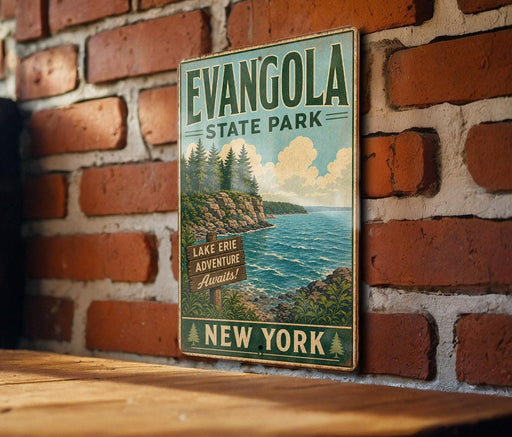 A vintage-style metal sign for Evangola State Park in New York, featuring a scenic landscape with a lake, cliffs, and pine trees.