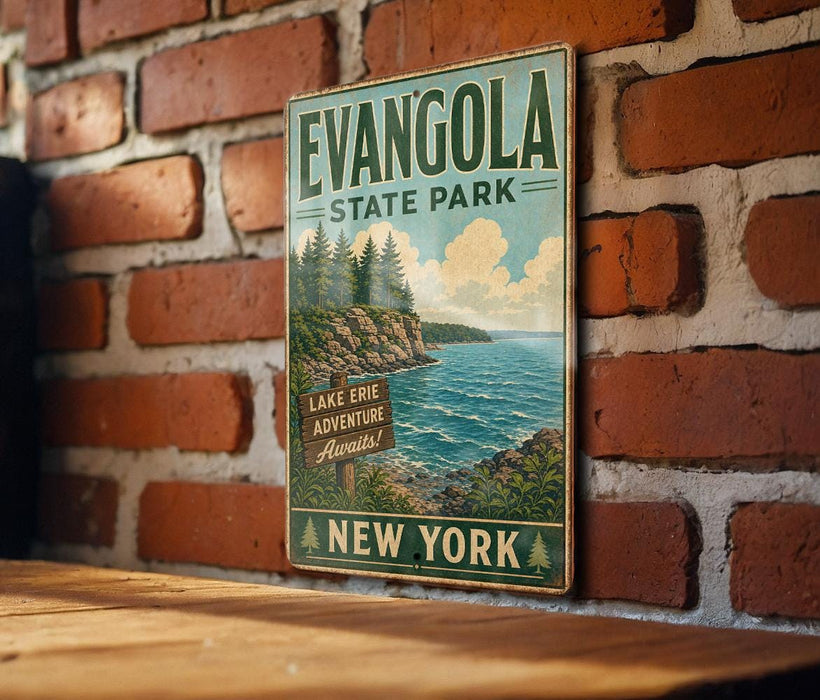 A vintage-style metal sign for Evangola State Park in New York, featuring a scenic landscape with a lake, cliffs, and pine trees.